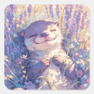 Schattige babyotter lacht in weide paarse lavendel vierkante sticker