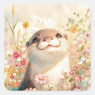 Schattige babyotter lacht in zonnige weide vierkante sticker