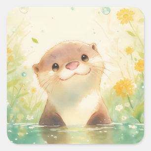 Schattige babyotter lacht in zonovergoten vijver m vierkante sticker