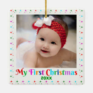 Schattige Baby's eerste kerstfoto van wit Keramisch Ornament