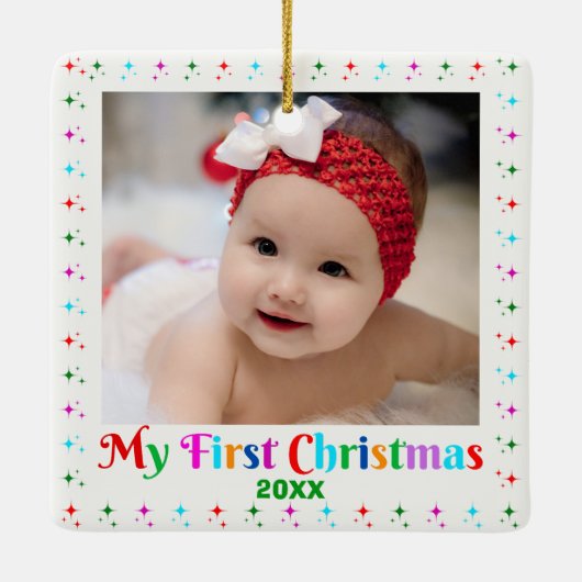 Schattige Baby's eerste kerstfoto van wit Keramisch Ornament (Achterkant)