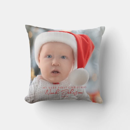 Schattige Baby's Eerste Kerstmis Foto Wit Kussen (Voorkant)