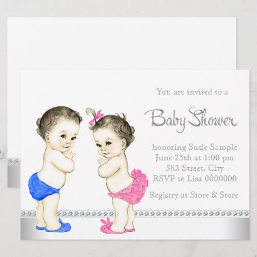 Schattige baby's roze en blauw tweeling Baby showe Kaart (Voorkant / Achterkant)