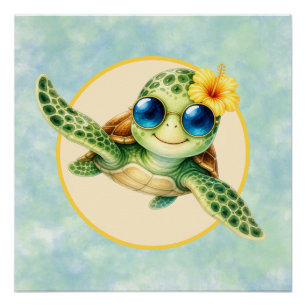 Schattige babys zeeschildpadden met tropische bloe perfect poster