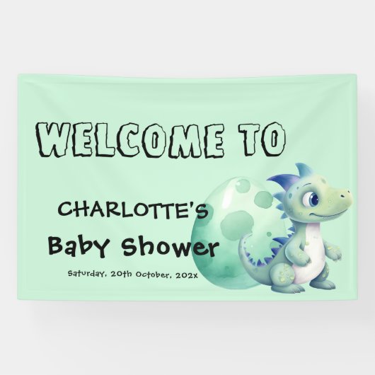 Schattige babysaurier met zijn ei babyshower spandoek (Horizontaal)