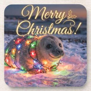 Schattige babyzeehond gewikkeld in kerstlichtjes bier onderzetter