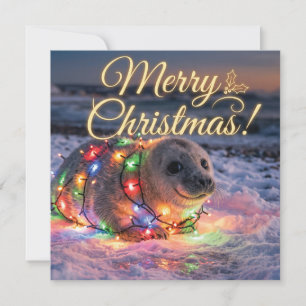 Schattige babyzeehond in kerstlichtjes gewikkeld feestdagenkaart