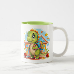 Schattige Back-to-School Dinosaurus met Rugzak Tweekleurige Koffiemok