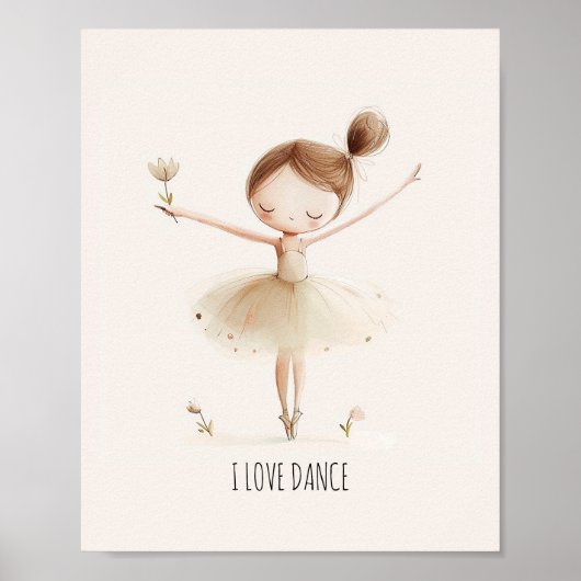 Schattige Ballerina Ballet I Love Dance Waterverf Poster (Voorkant)