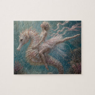 Schattige ballerina op haar roze zeepaardje legpuzzel