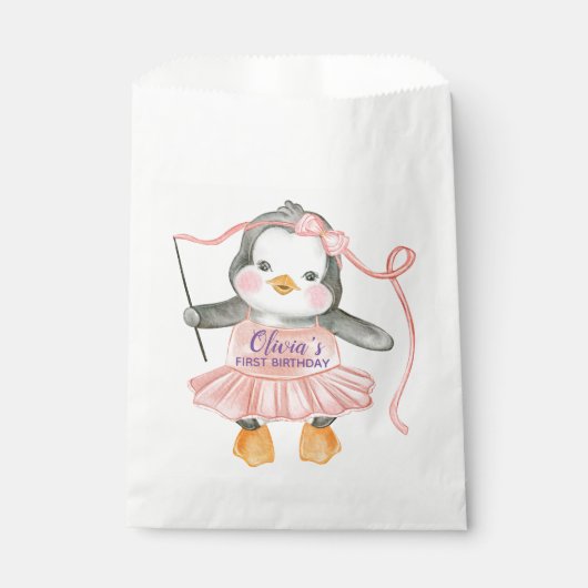 Schattige Ballerina Penguin Roze 1e Verjaardagsfee Bedankzakje (Voorkant)
