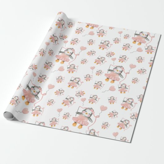 Schattige Ballerina Penguin Roze Verpakkingsdocume Cadeaupapier (Uitgerold)