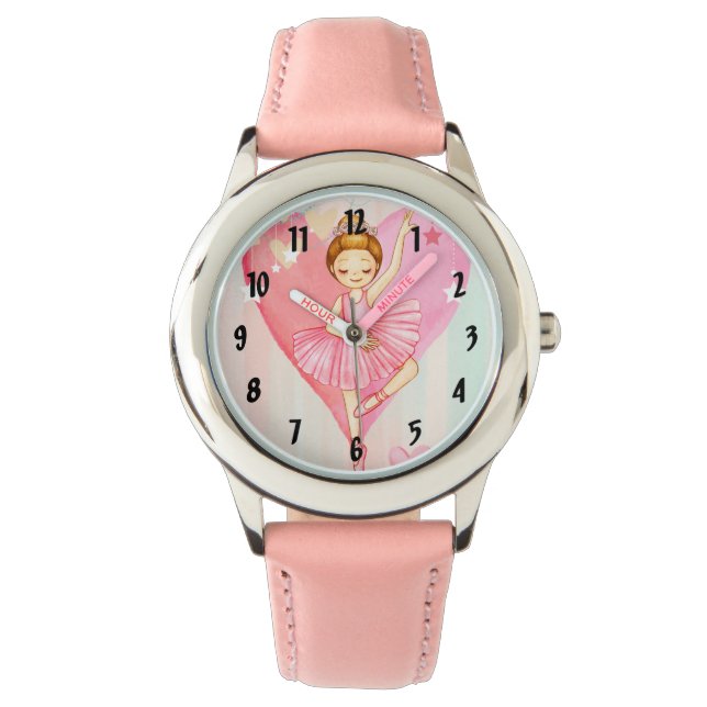 Schattige Ballerina Sterren en Harten Meisjes Roze Horloge (Voorkant)