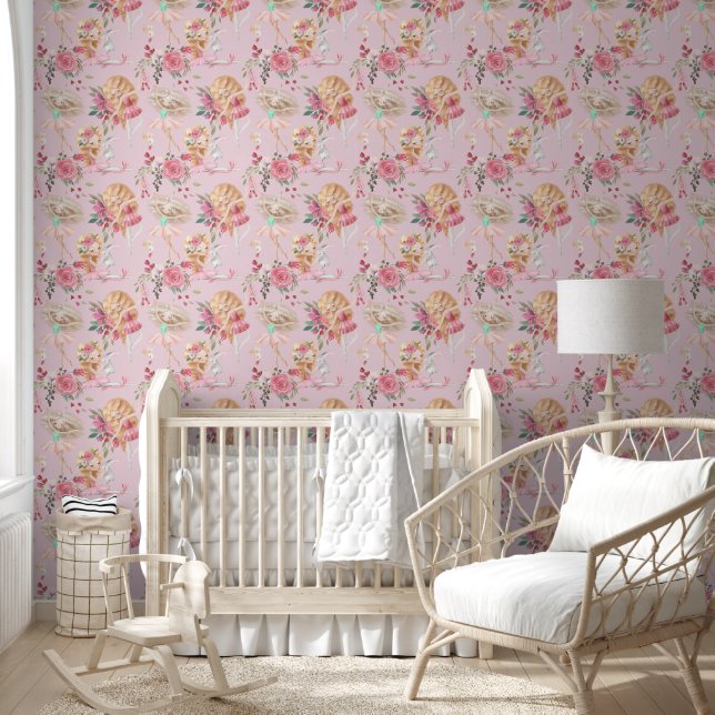 Schattige ballerina's met rode rozen op roze behang (Kinderen)