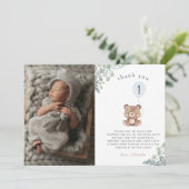 Schattige ballongroen teddybeer eerste verjaardag bedankkaart (Staand voorkant)