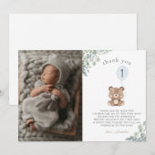 Schattige ballongroen teddybeer eerste verjaardag bedankkaart (Voorkant / Achterkant)