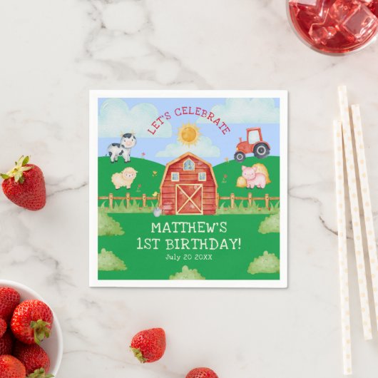 Schattige Barnyard Boerderijdieren 1e verjaardagsf Servet (Insitu)