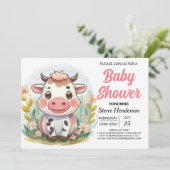 Schattige Barnyard Printable Koe Baby shower Kaart (Staand voorkant)