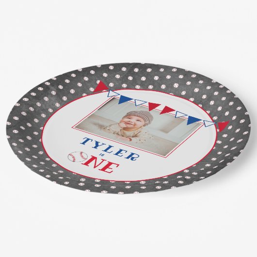 Schattige Baseball Krijtbord 1e Verjaardag Party F Papieren Bordje (Gekanteld)