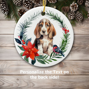 Schattige Basset Hound Puppy Waterverf Poinsettia Keramisch Ornament