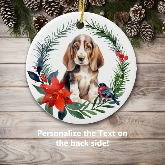 Schattige Basset Hound Puppy Waterverf Poinsettia Keramisch Ornament
