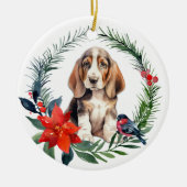 Schattige Basset Hound Puppy Waterverf Poinsettia Keramisch Ornament (Voorkant)