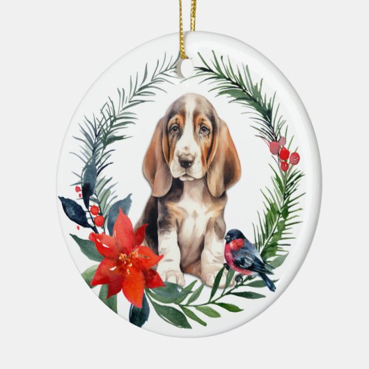 Schattige Basset Hound Puppy Waterverf Poinsettia Keramisch Ornament (Links)
