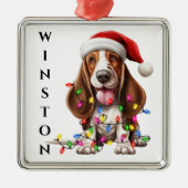 SCHATTIGE BASSETT HOND MET KERSTVERLICHTING METALEN ORNAMENT (Voorkant)