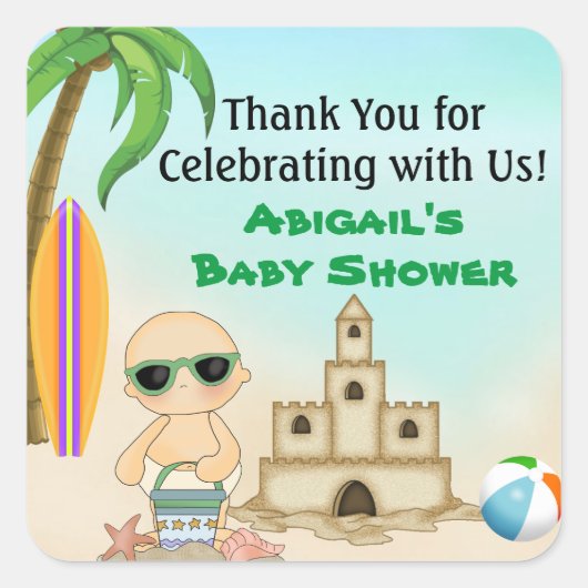 Schattige Beach Baby Sandcastle Baby shower Dank u Vierkante Sticker (Voorkant)