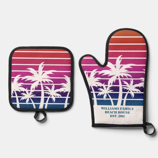Schattige Beach House Sunset Palm Tree Custom Ovenwant & Pannenlap Set (Voorkant)