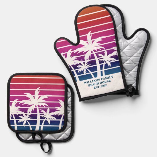 Schattige Beach House Sunset Palm Tree Custom Ovenwant & Pannenlap Set (Voorkant / Achterkant)