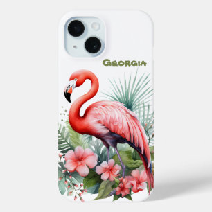 Schattige beach pink flamingo Naam toevoegen iPhone 15 Case