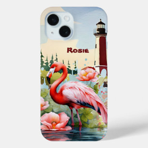 Schattige beach pink flamingo Naam toevoegen iPhone 15 Case