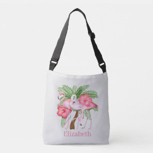 Schattige beach pink flamingo Naam toevoegen Crossbody Tas
