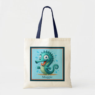 Schattige Beach Seahorse Naam toevoegen kinder Tote Bag