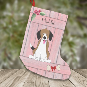 Schattige Beagle Dog Meisje Roze Houten Monogram Kleine Kerstsok
