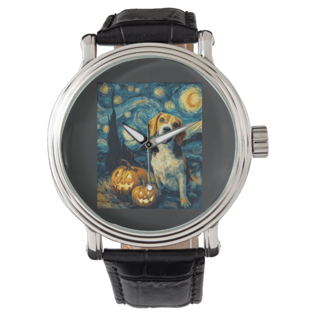 Schattige beagle Hond Halloween Jack O Lantern Pom Horloge (Voorkant)