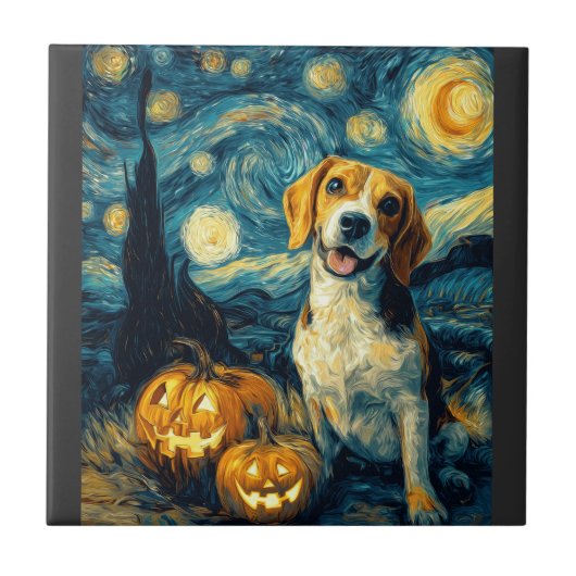 Schattige beagle Hond Halloween Jack O Lantern Pom Tegeltje (Voorkant)