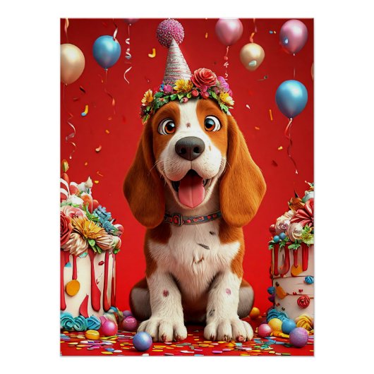 Schattige Beagle hond viert verjaardag Perfect Poster (Voorkant)