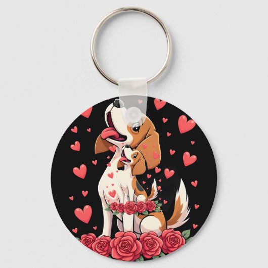 Schattige Beagle met Rode Rozen Harten Bloem Valen Sleutelhanger (Voorkant)