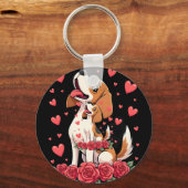 Schattige Beagle met Rode Rozen Harten Bloem Valen Sleutelhanger (Voorkant)