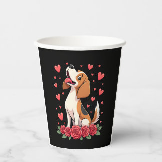 Schattige Beagle met Rode Rozen Harten Bloemrijke  Papieren Bekers