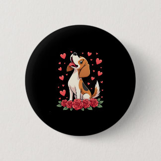 Schattige Beagle met Rode Rozen Harten Bloemrijke  Ronde Button 5,7 Cm