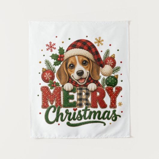 Schattige Beagle Prettig Kerstfeest Wandkleed (Voorkant)