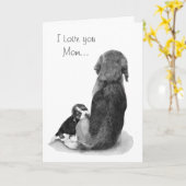 schattige beagle puppy hond knuffelt met mama kaart (Gele Bloem)