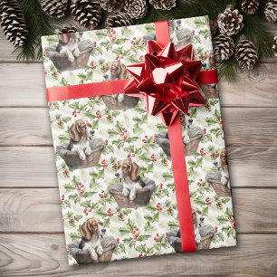 Schattige Beagle Puppy in Mand Christmas Hulst Cadeaupapier