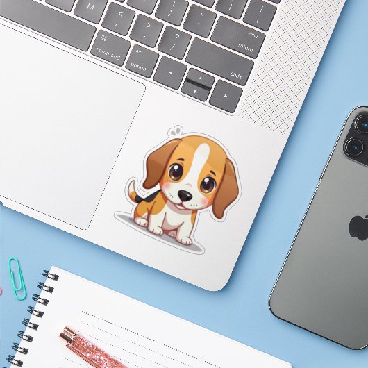 Schattige Beagle Puppy – Pastel Sticker (Laptop met iPhone)