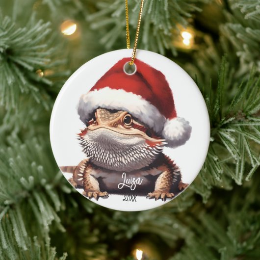 Schattige Bearded Dragon en Santa Hat Keramisch Ornament (Boom)