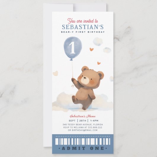 Schattige Beary First Birthday Ticket Kaart (Voorkant)