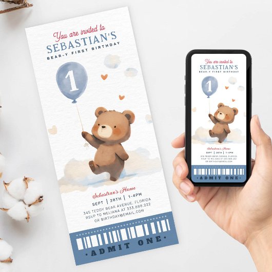 Schattige Beary First Birthday Ticket Kaart